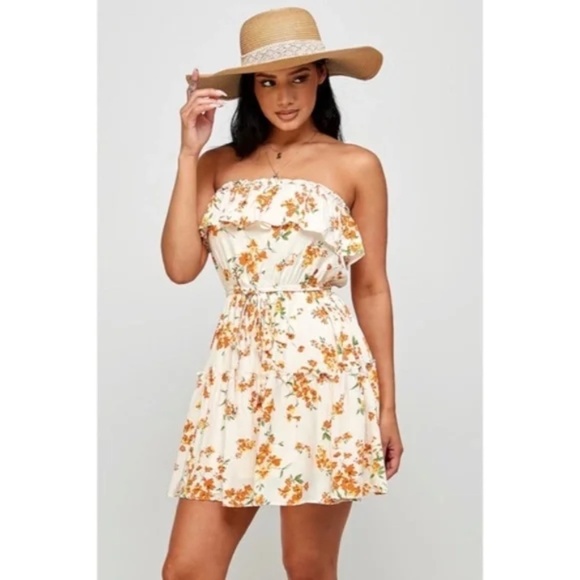 Dresses & Skirts - Cream Orange Floral Print Ruffle Trim Strapless Tube Casual Summer Mini Dress
